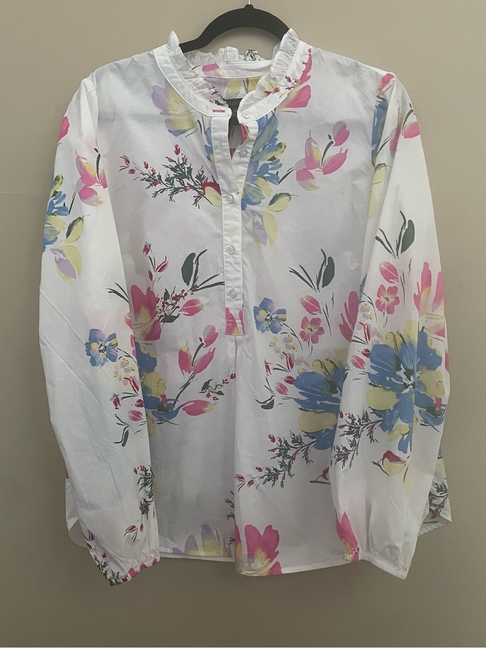 Talbots Ruffle Neck Watercolor Floral Popover Blouse White Pink Blue Size XL